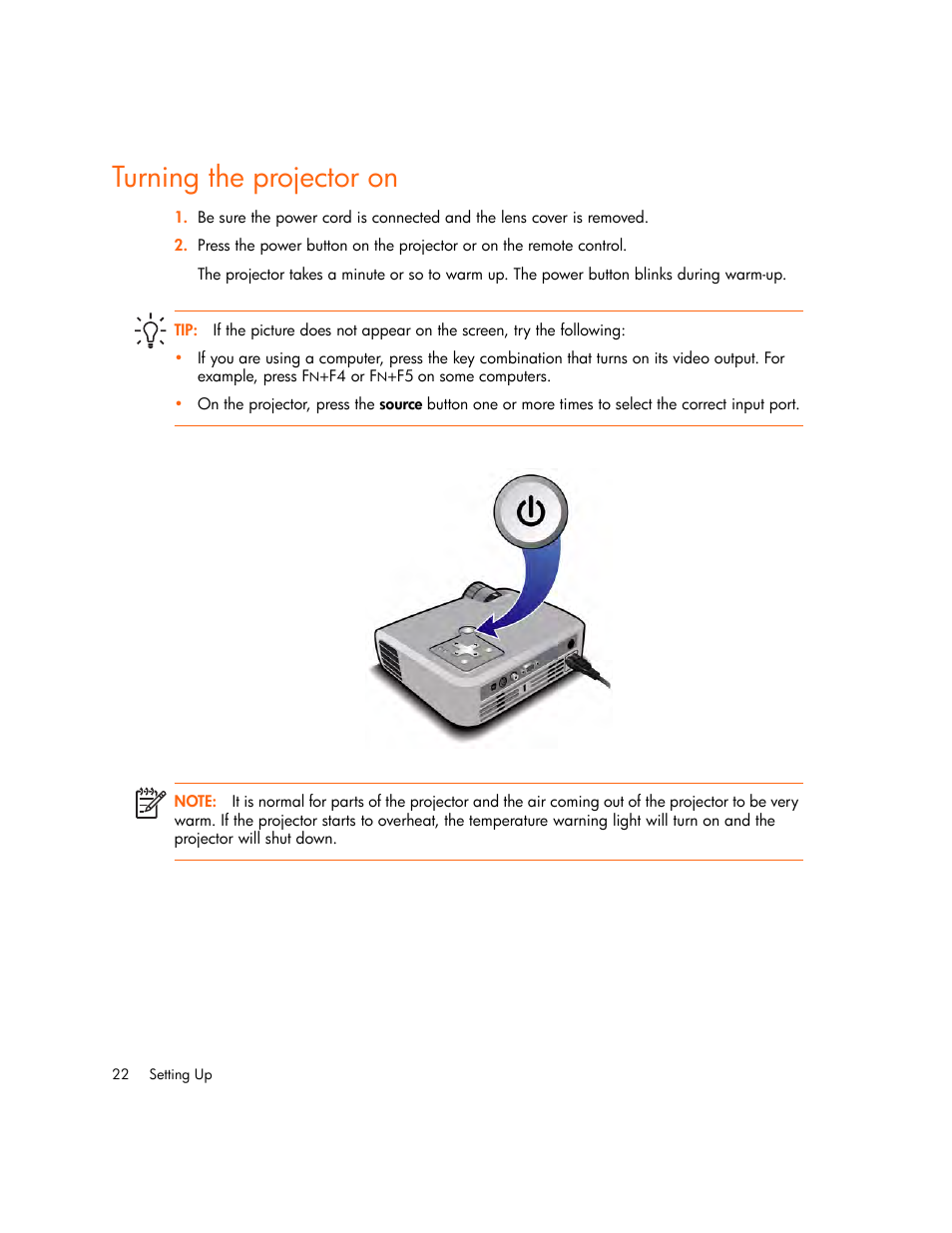 Turning the projector on | HP Digital mp2210 User Manual | Page 22 / 64