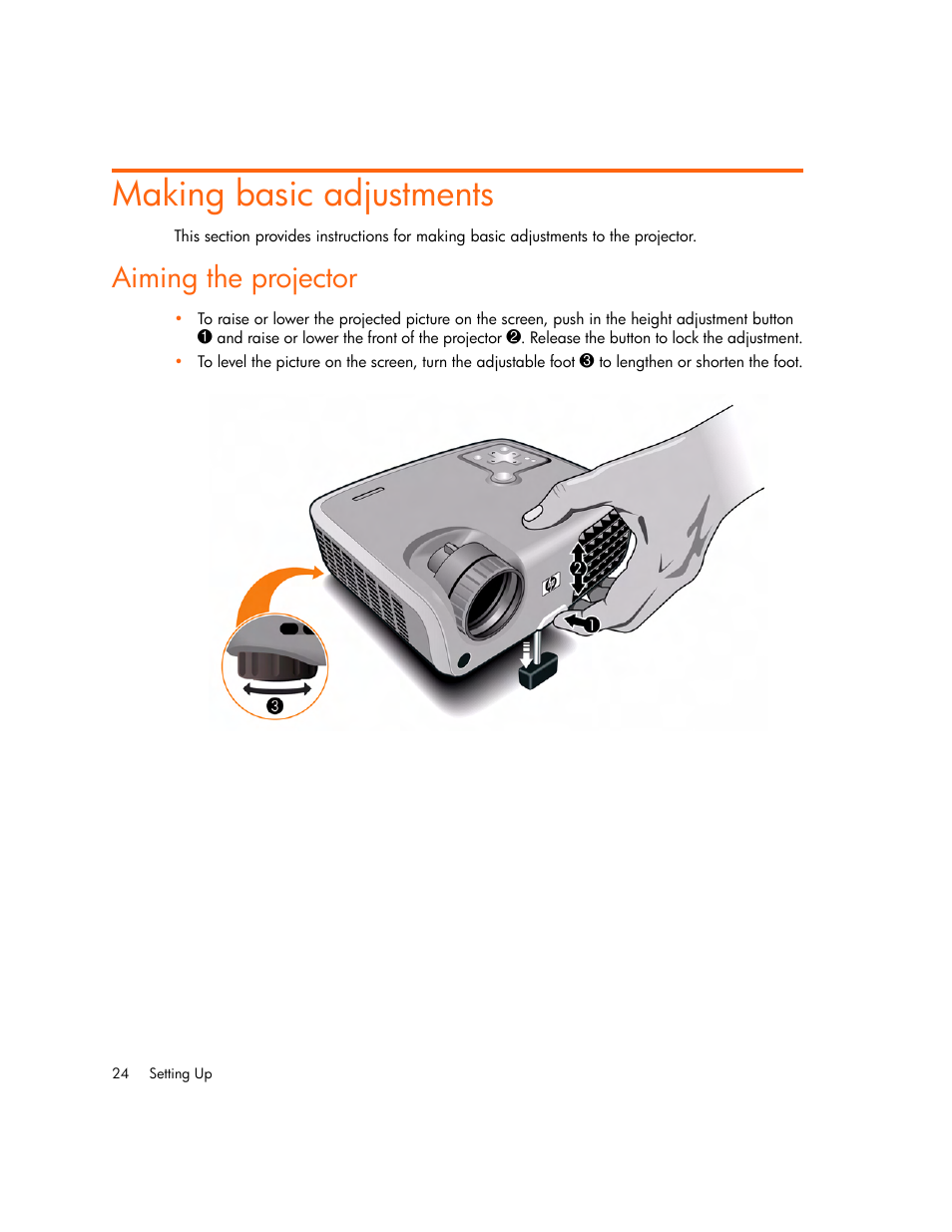 Making basic adjustments, Aiming the projector | HP Digital mp2210 User Manual | Page 24 / 64