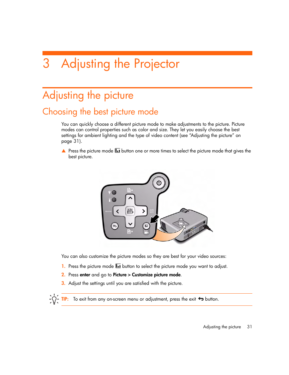 Adjusting the projector, Adjusting the picture, Choosing the best picture mode | 3 adjusting the projector | HP Digital mp2210 User Manual | Page 31 / 64