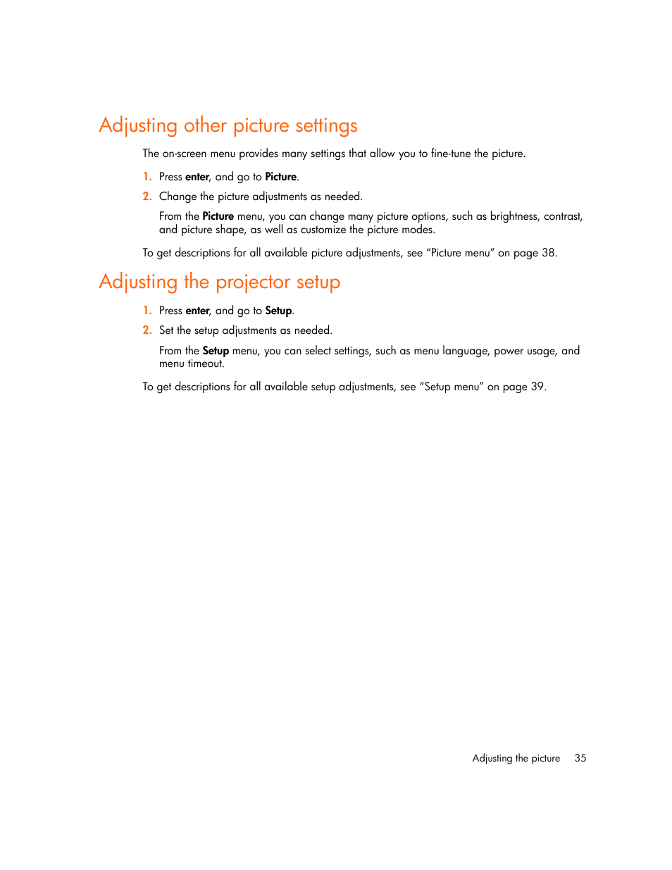 Adjusting other picture settings, Adjusting the projector setup | HP Digital mp2210 User Manual | Page 35 / 64