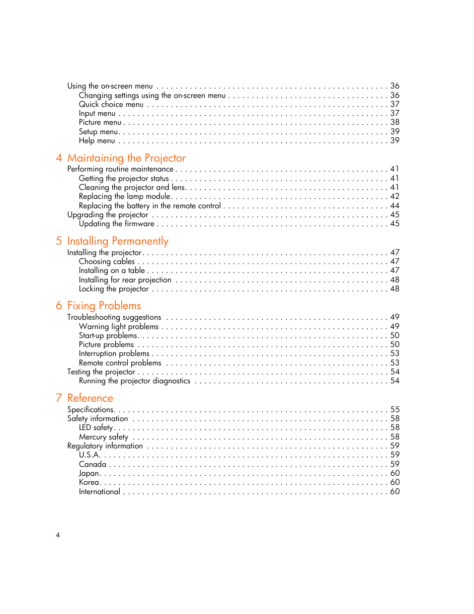 4 maintaining the projector, 5 installing permanently, 6 fixing problems | 7 reference | HP Digital mp2210 User Manual | Page 4 / 64