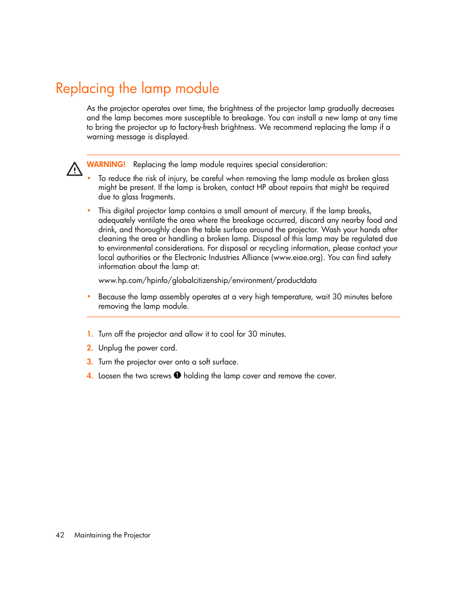 Replacing the lamp module | HP Digital mp2210 User Manual | Page 42 / 64