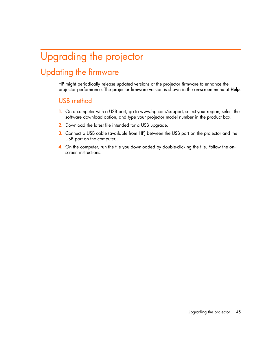 Upgrading the projector, Updating the firmware, Usb method | HP Digital mp2210 User Manual | Page 45 / 64