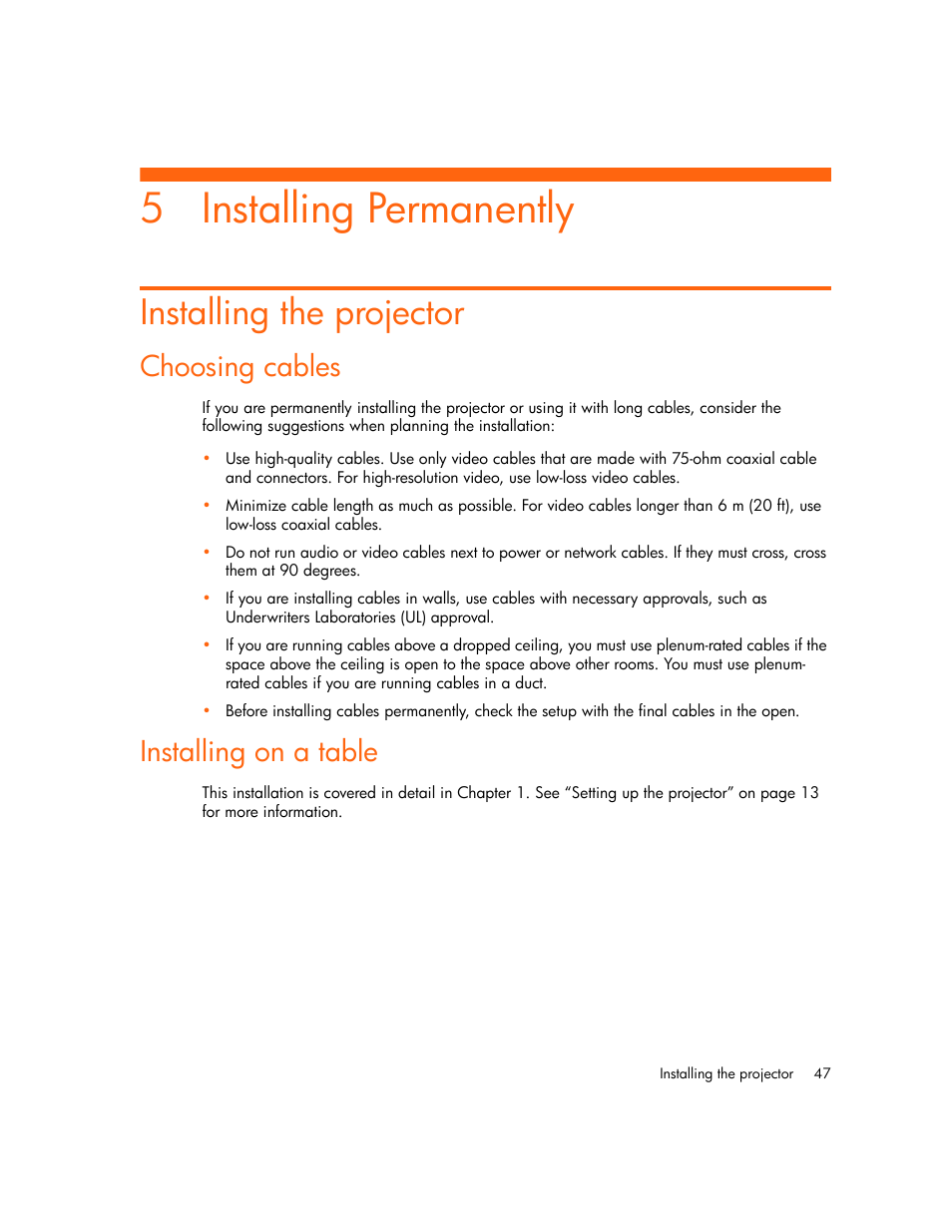 Installing permanently, Installing the projector, Choosing cables | Installing on a table, 5 installing permanently | HP Digital mp2210 User Manual | Page 47 / 64