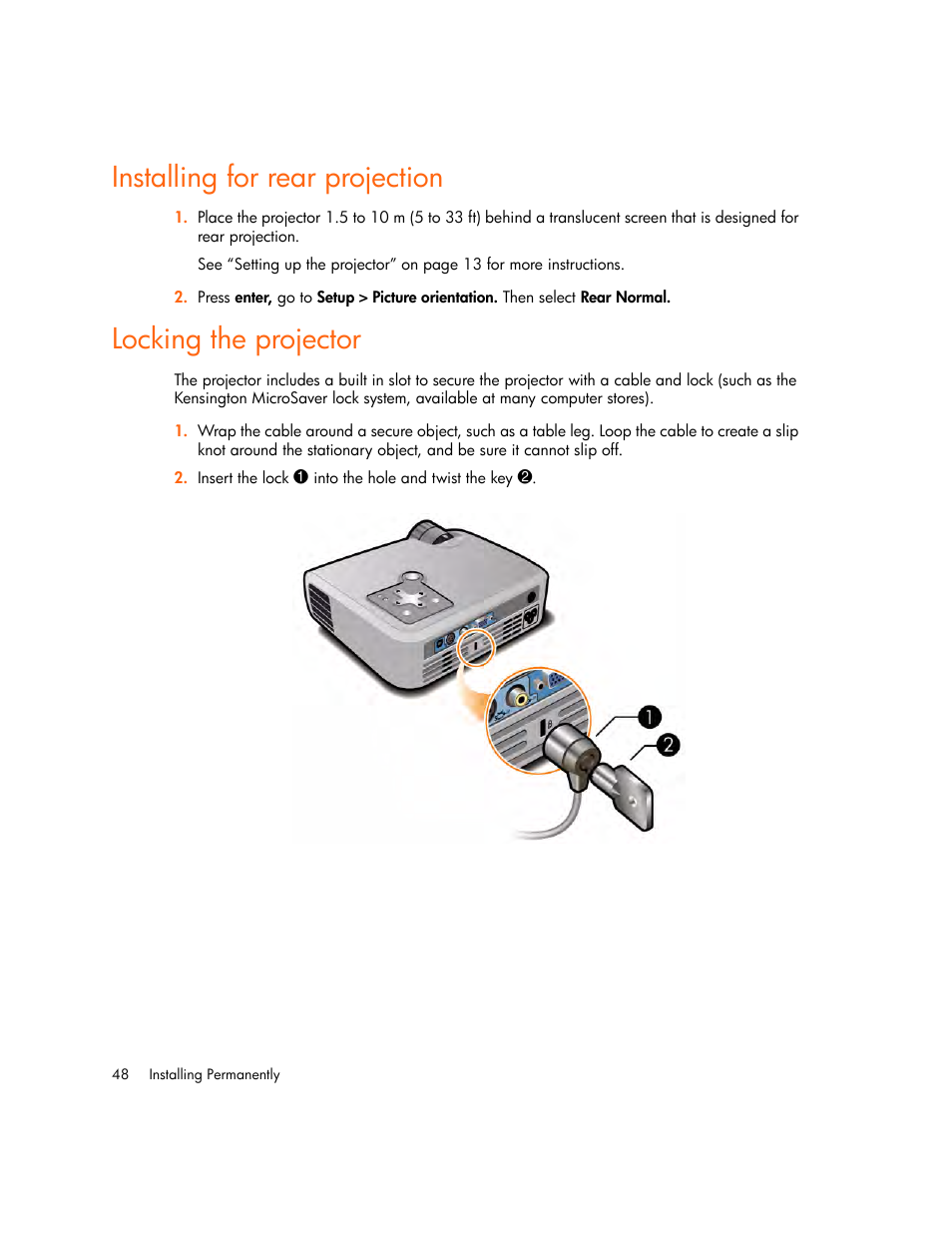 Installing for rear projection, Locking the projector | HP Digital mp2210 User Manual | Page 48 / 64