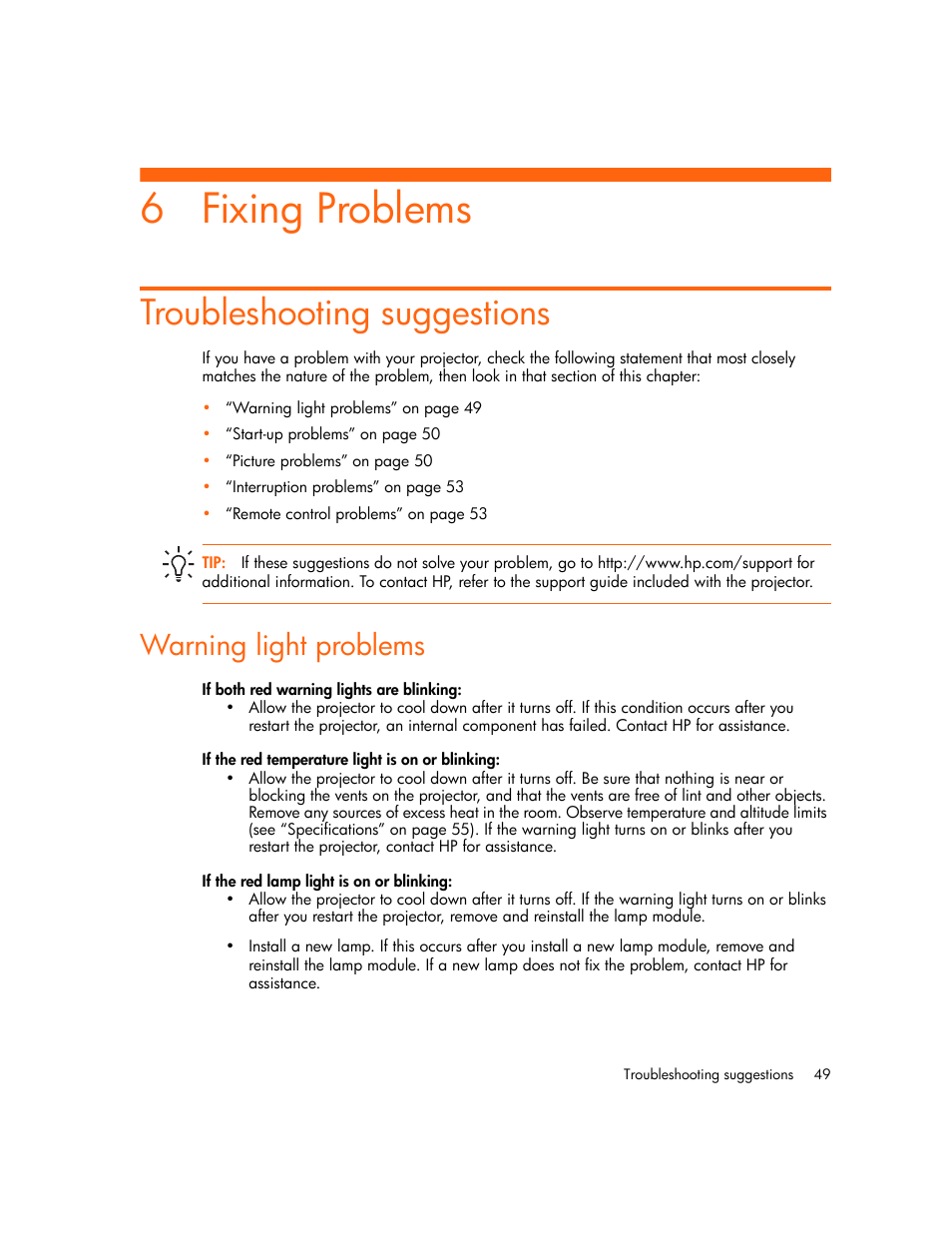 Fixing problems, Troubleshooting suggestions, Warning light problems | 6 fixing problems | HP Digital mp2210 User Manual | Page 49 / 64