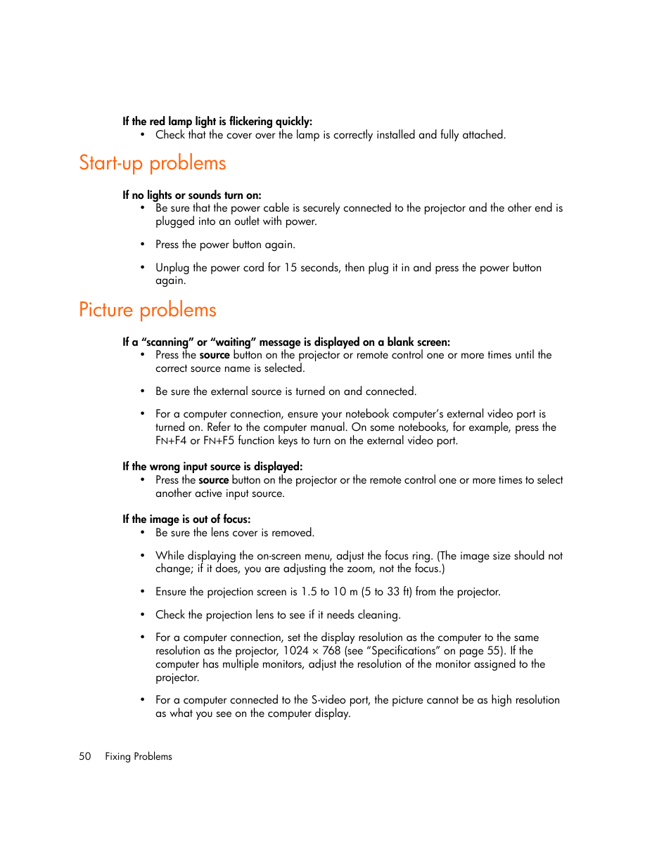 Start-up problems, Picture problems | HP Digital mp2210 User Manual | Page 50 / 64