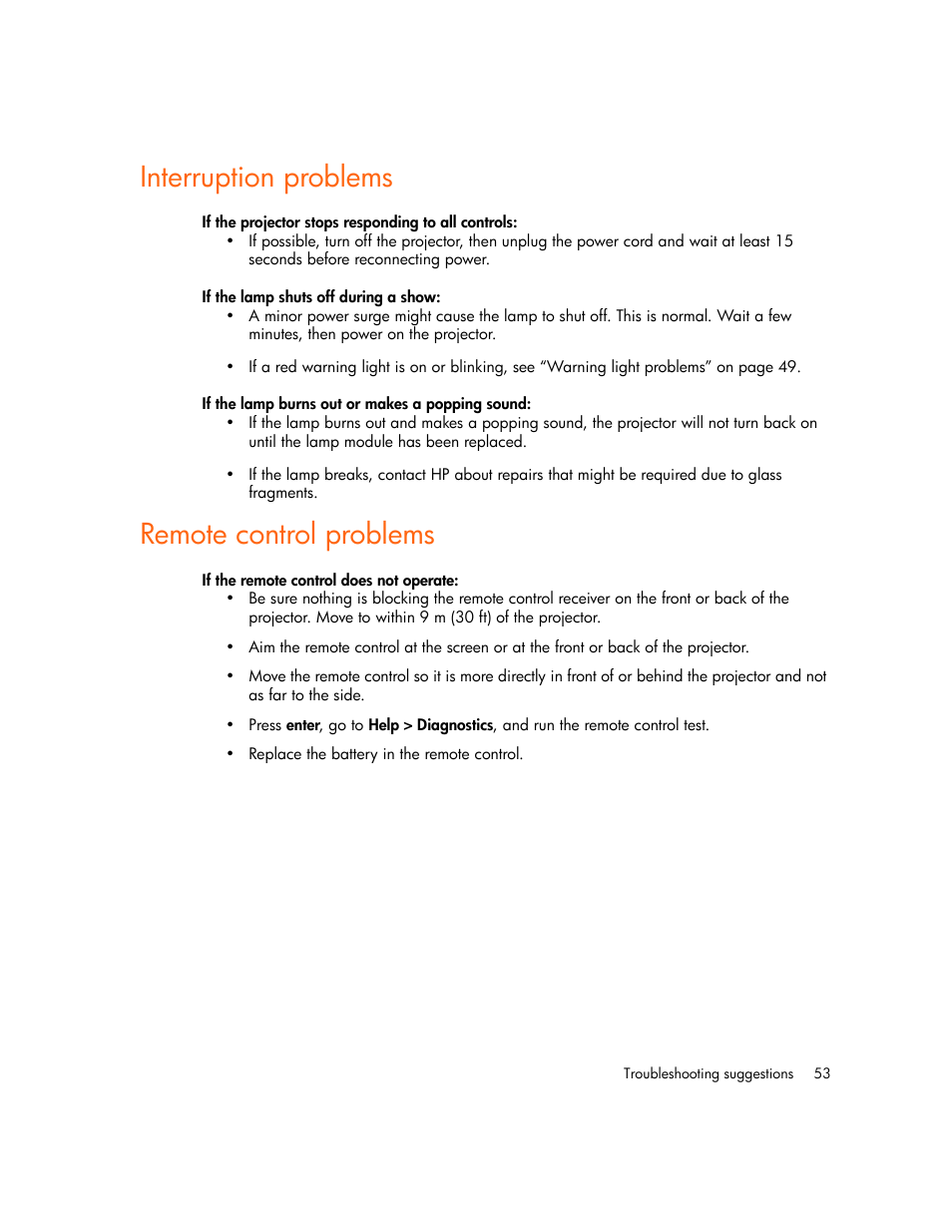 Interruption problems, Remote control problems | HP Digital mp2210 User Manual | Page 53 / 64