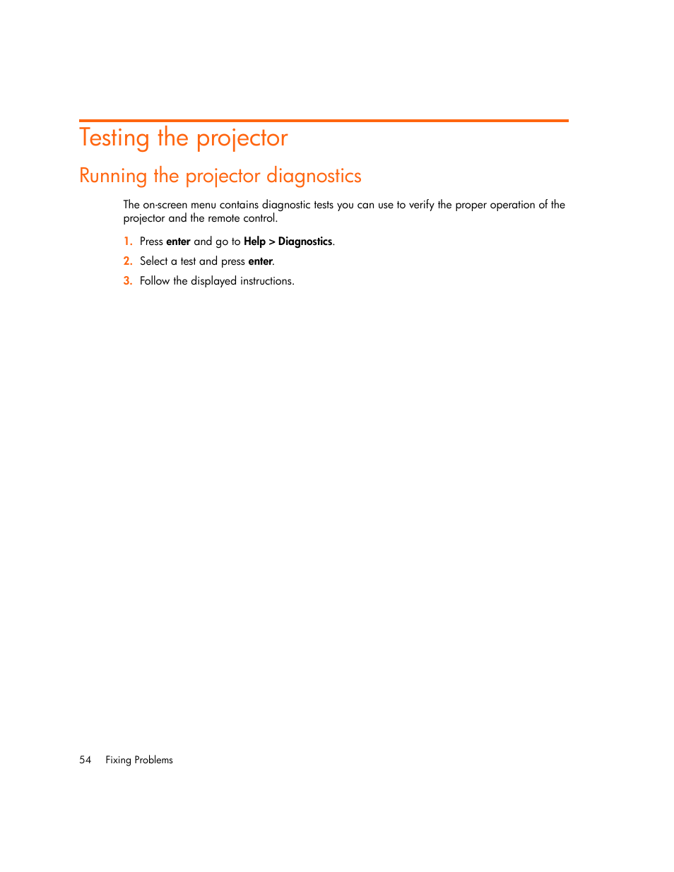 Testing the projector, Running the projector diagnostics | HP Digital mp2210 User Manual | Page 54 / 64