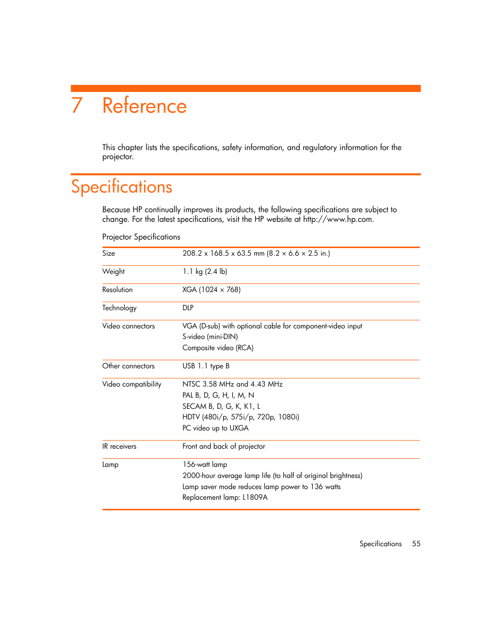 Reference, Specifications, 7 reference | HP Digital mp2210 User Manual | Page 55 / 64