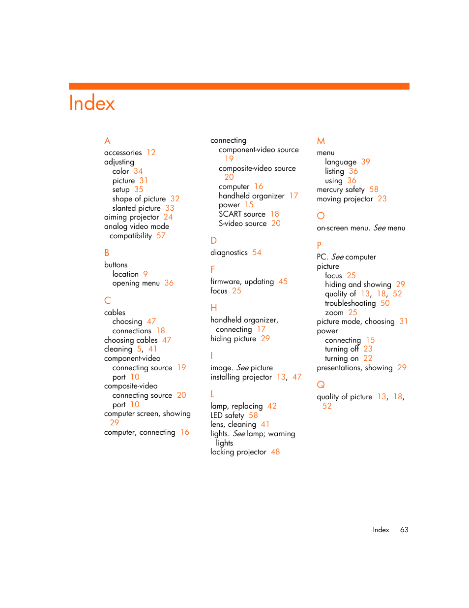 Index | HP Digital mp2210 User Manual | Page 62 / 64