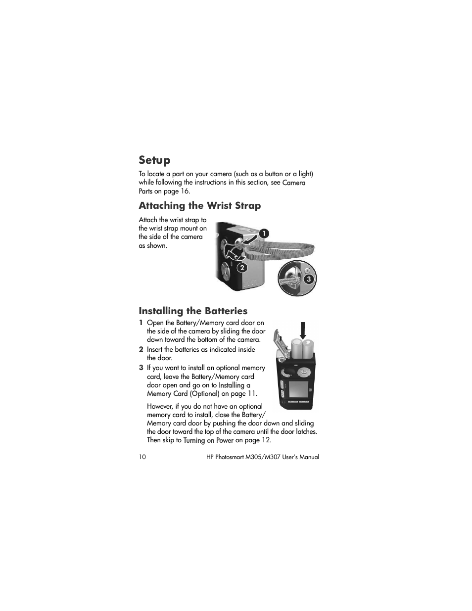 Setup, Attaching the wrist strap, Installing the batteries | HP M305/M307 User Manual | Page 10 / 154