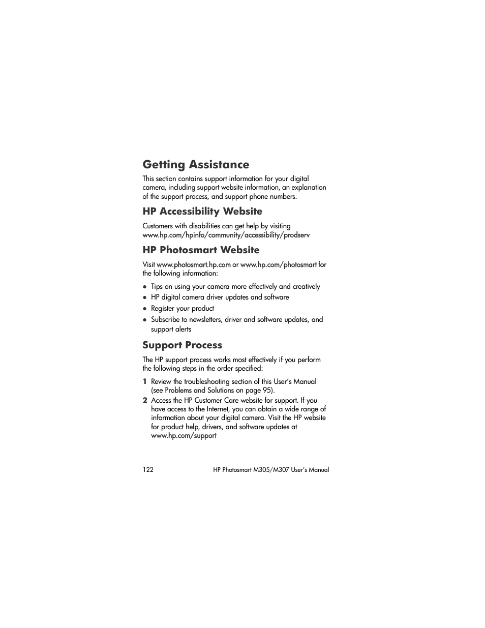 Getting assistance, Hp accessibility website, Hp photosmart website | Support process, Getting, Assistance | HP M305/M307 User Manual | Page 122 / 154