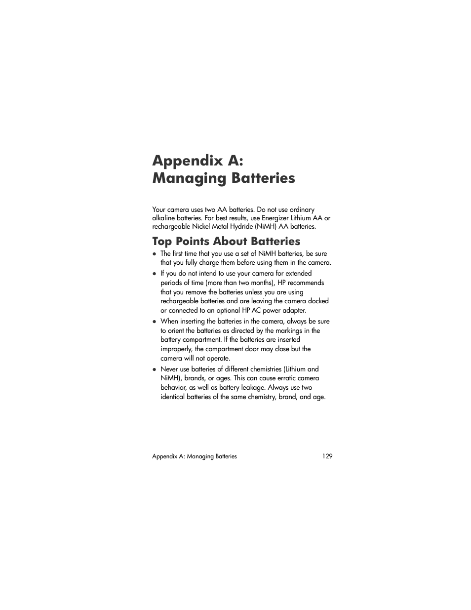 Appendix a: managing batteries, Top points about batteries | HP M305/M307 User Manual | Page 129 / 154