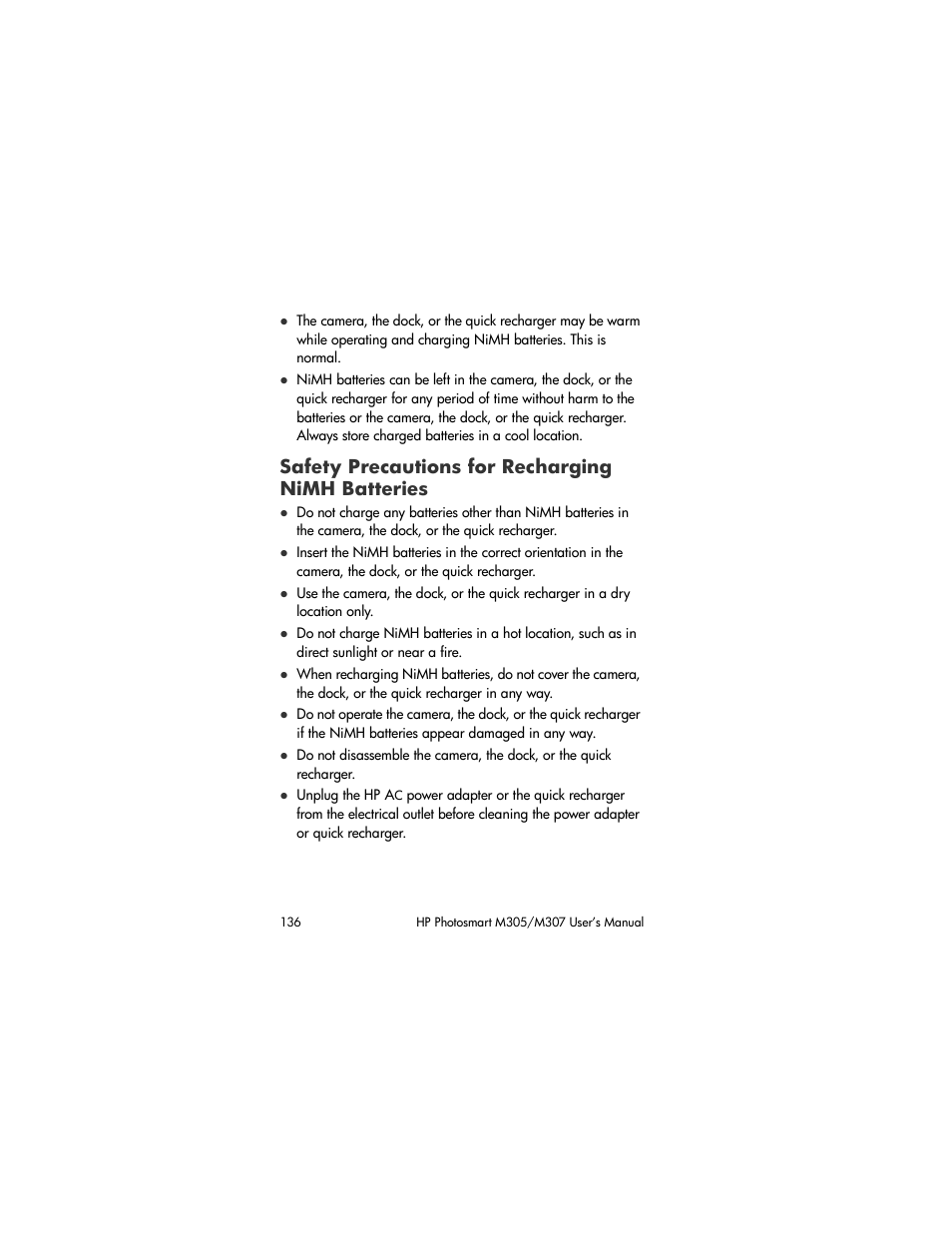 Safety precautions for recharging nimh batteries, Safety precautions for recharging, Nimh batteries | HP M305/M307 User Manual | Page 136 / 154