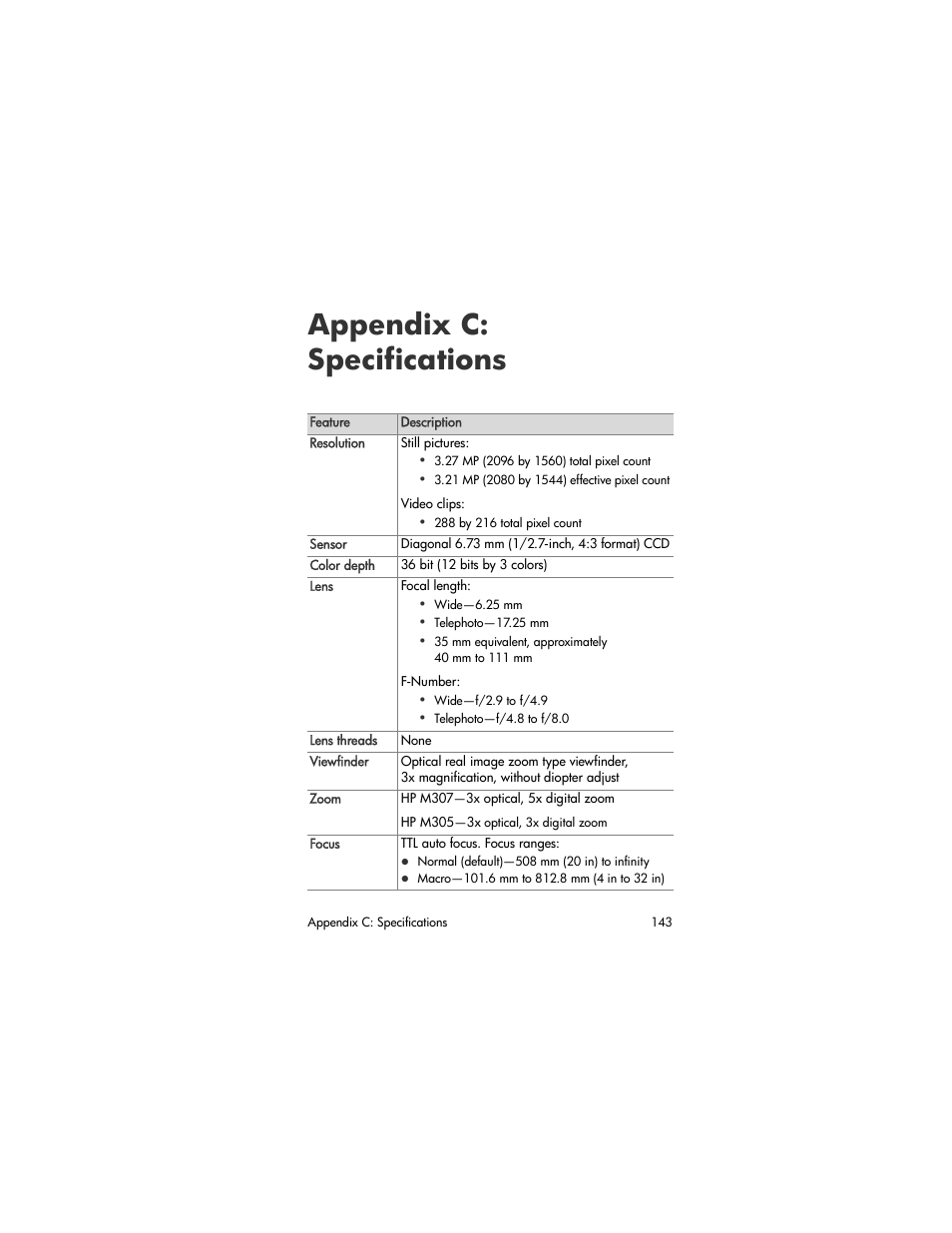 Appendix c: specifications | HP M305/M307 User Manual | Page 143 / 154