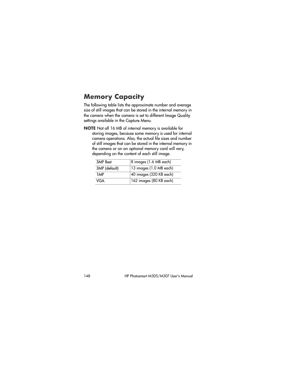Memory capacity | HP M305/M307 User Manual | Page 148 / 154