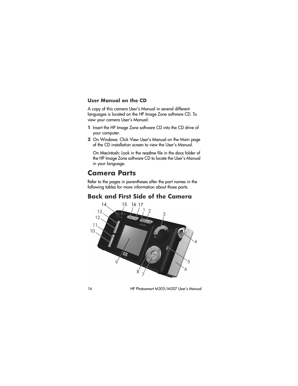 User manual on the cd, Camera parts, Back and first side of the camera | Camera, Parts | HP M305/M307 User Manual | Page 16 / 154
