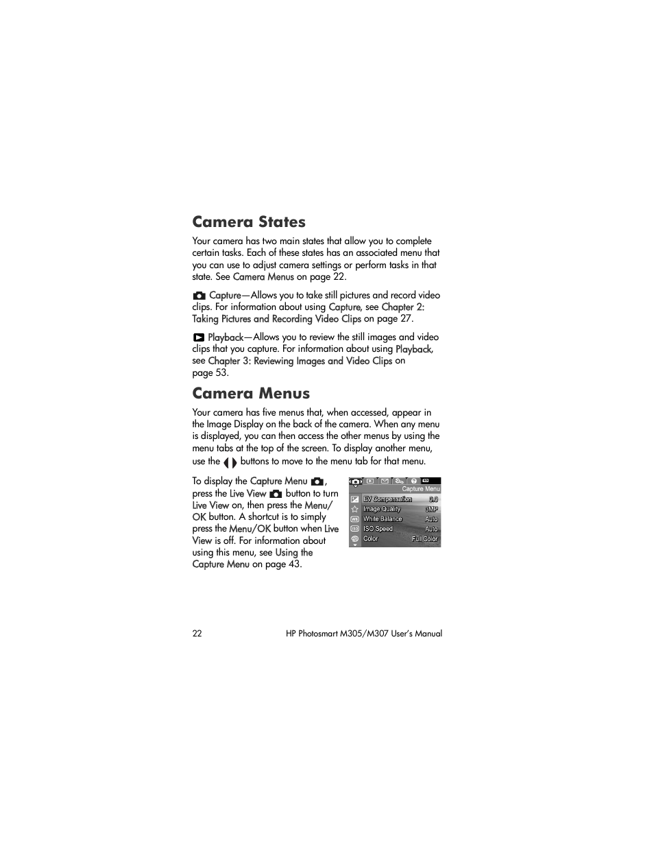 Camera states, Camera menus | HP M305/M307 User Manual | Page 22 / 154