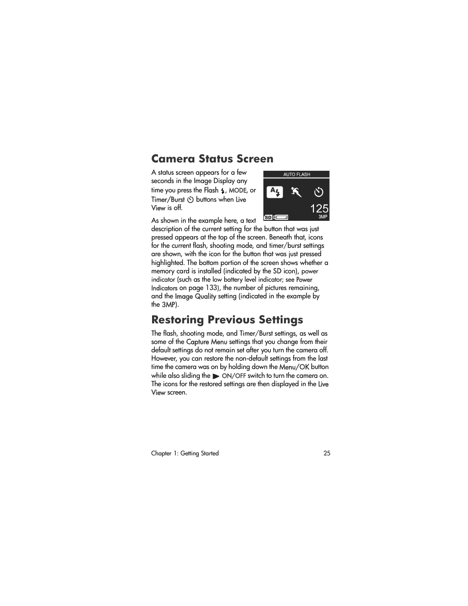 Camera status screen, Restoring previous settings | HP M305/M307 User Manual | Page 25 / 154