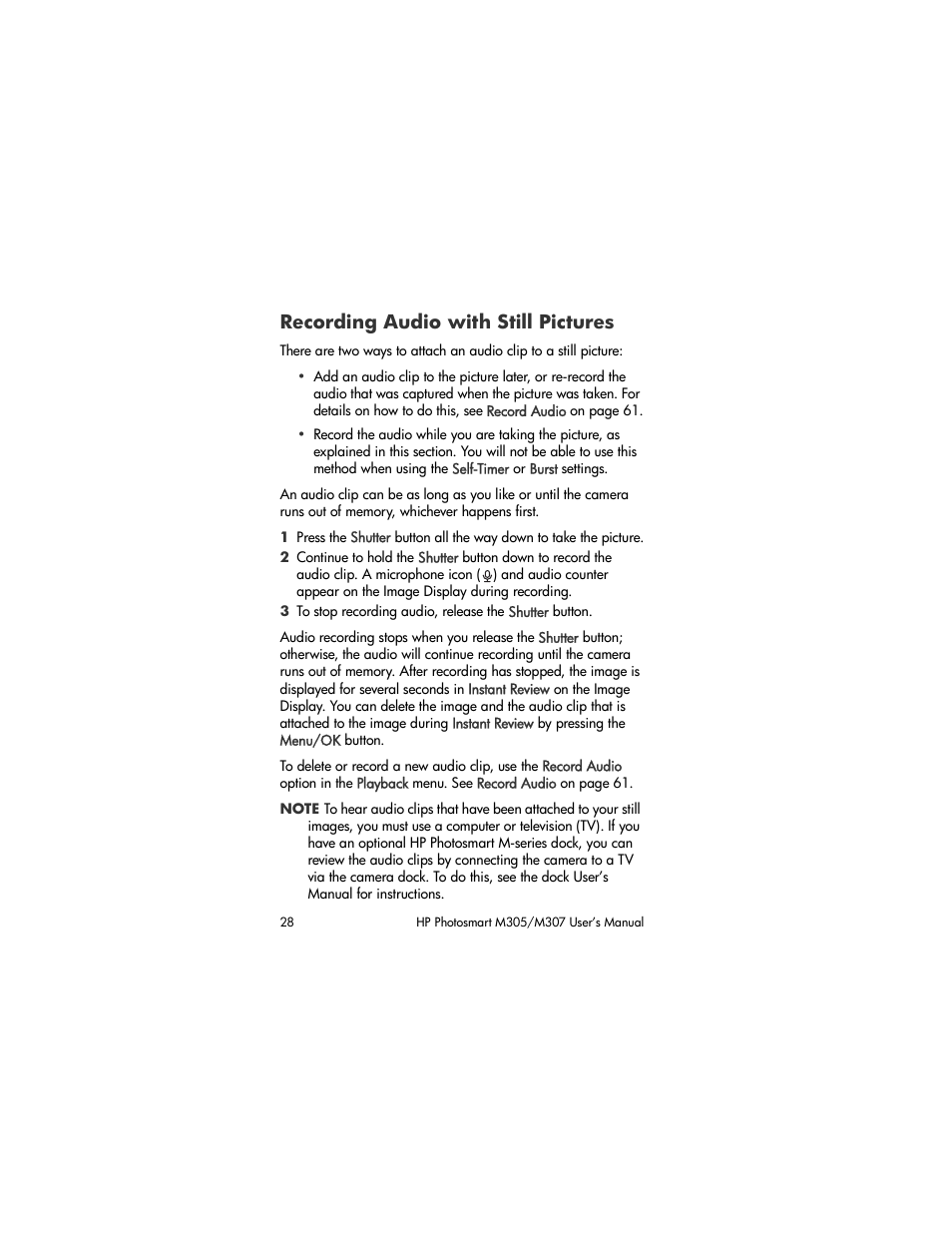 Recording audio with still pictures | HP M305/M307 User Manual | Page 28 / 154