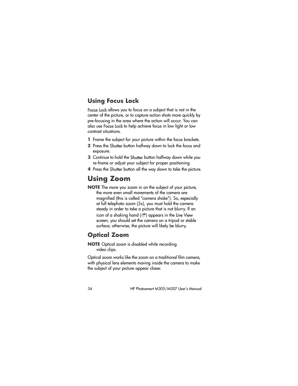 Using focus lock, Using zoom, Optical zoom | Using, Focus lock | HP M305/M307 User Manual | Page 34 / 154