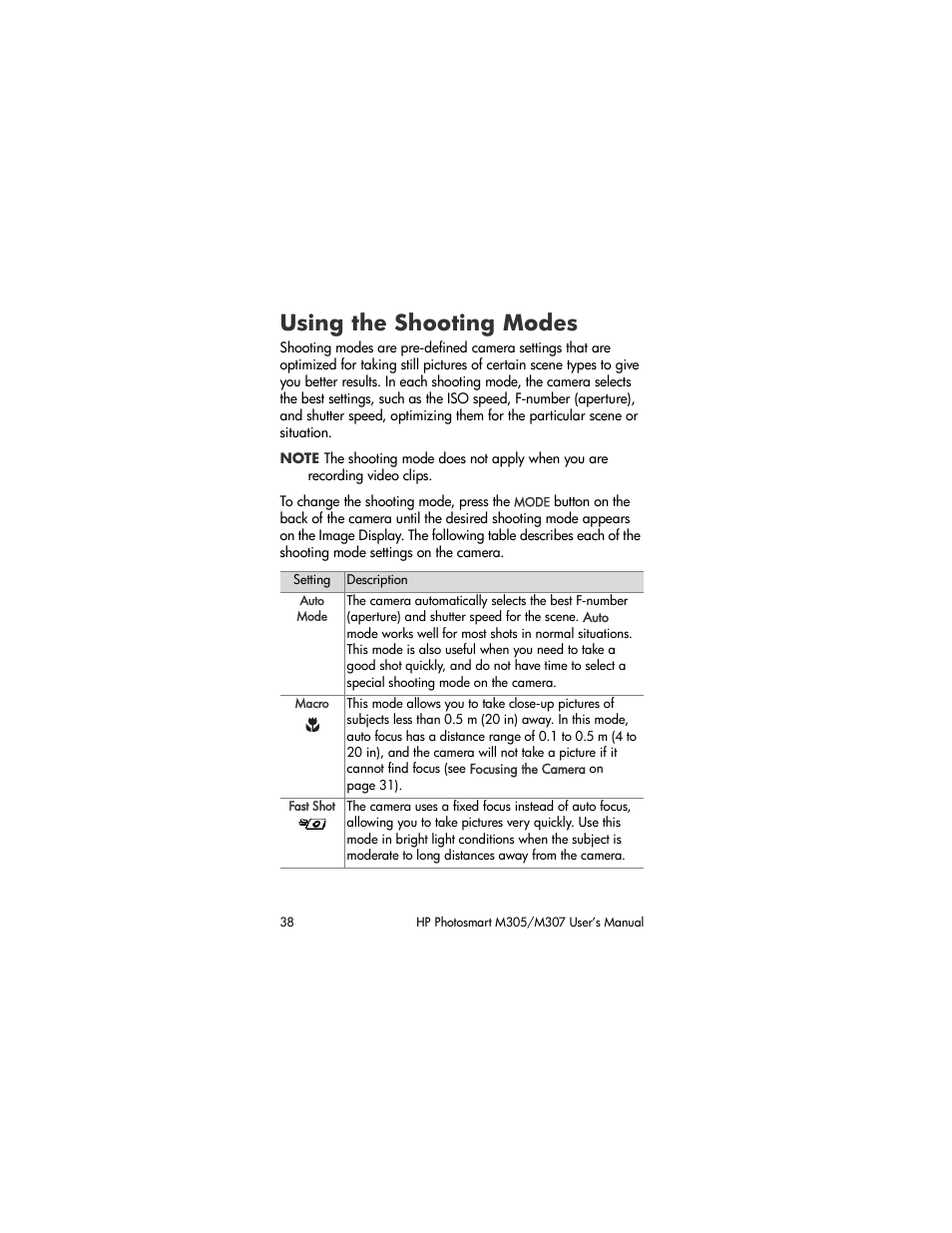 Using the shooting modes | HP M305/M307 User Manual | Page 38 / 154