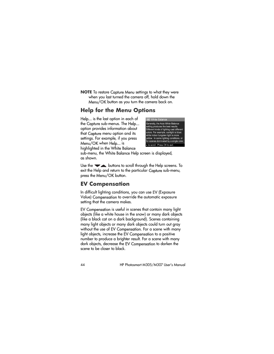 Help for the menu options, Ev compensation | HP M305/M307 User Manual | Page 44 / 154
