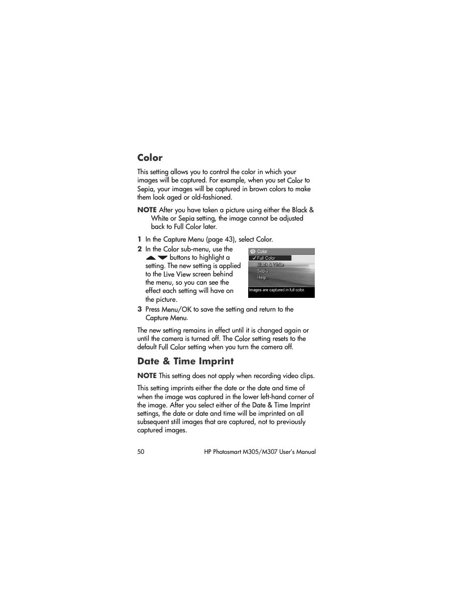 Color, Date & time imprint | HP M305/M307 User Manual | Page 50 / 154