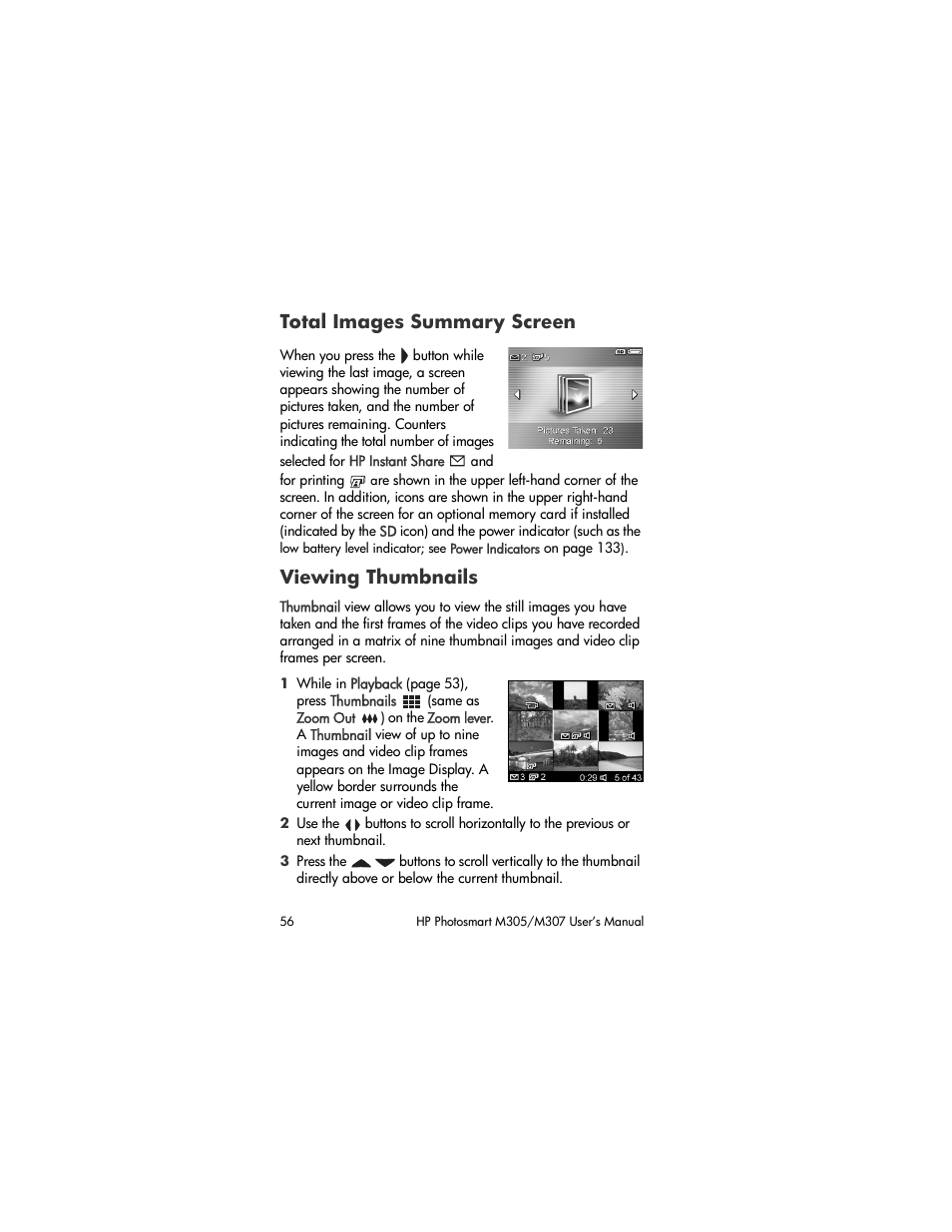 Total images summary screen, Viewing thumbnails | HP M305/M307 User Manual | Page 56 / 154
