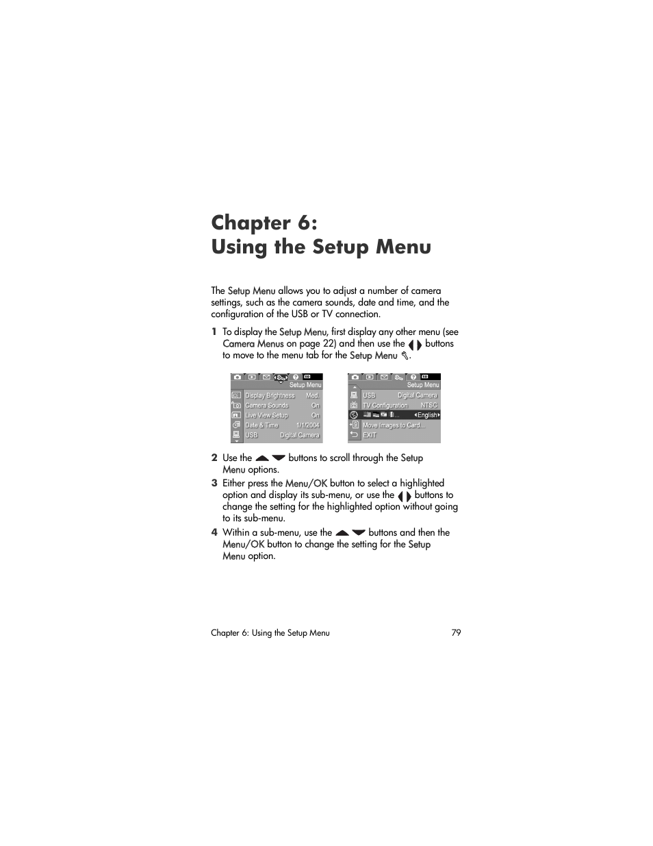 Chapter 6: using the setup menu, Chapter 6: using, The setup menu | Chapter 6: using the, Setup menu | HP M305/M307 User Manual | Page 79 / 154