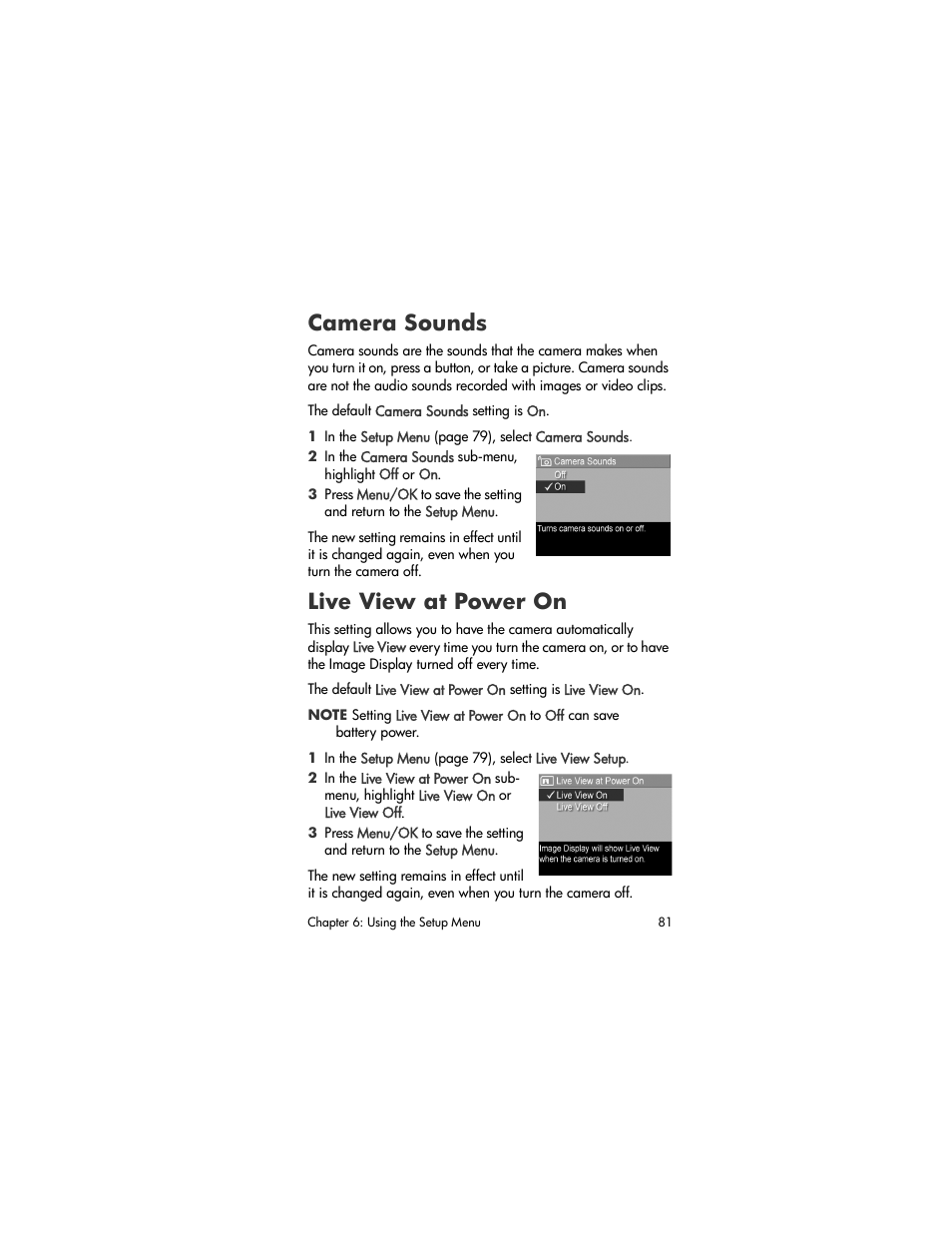 Camera sounds, Live view at power on | HP M305/M307 User Manual | Page 81 / 154