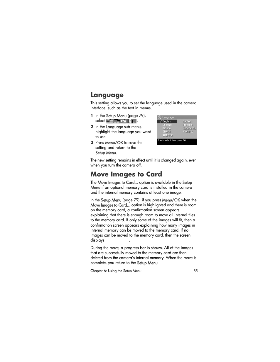 Language, Move images to card | HP M305/M307 User Manual | Page 85 / 154