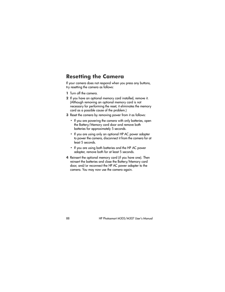 Resetting the camera | HP M305/M307 User Manual | Page 88 / 154