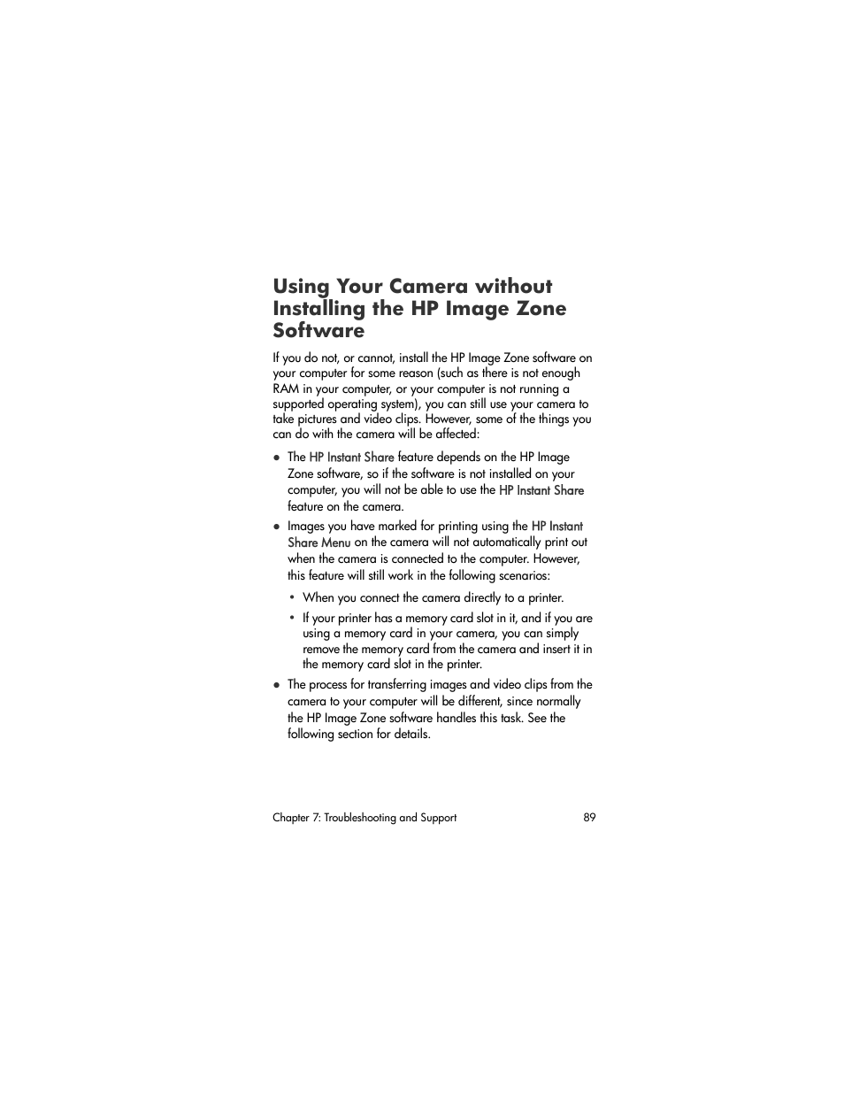 Using your camera without installing the, Hp image zone software, Using your camera without | Installing the hp image zone software, Using your | HP M305/M307 User Manual | Page 89 / 154