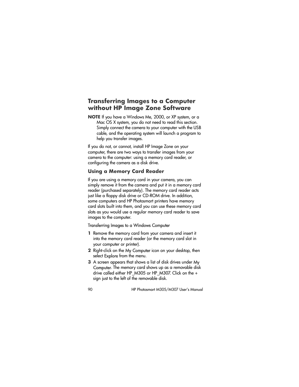 Using a memory card reader, Transferring images to a computer without, Hp image zone software | Transferring images to, A computer without hp image zone software | HP M305/M307 User Manual | Page 90 / 154