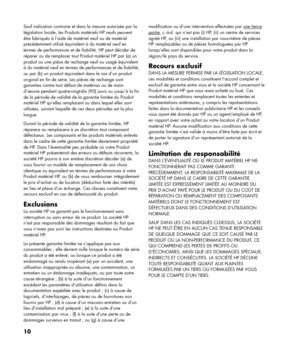 Exclusions, Recours exclusif, Limitation de responsabilité | HP Pavilion SLC3200N User Manual | Page 10 / 20