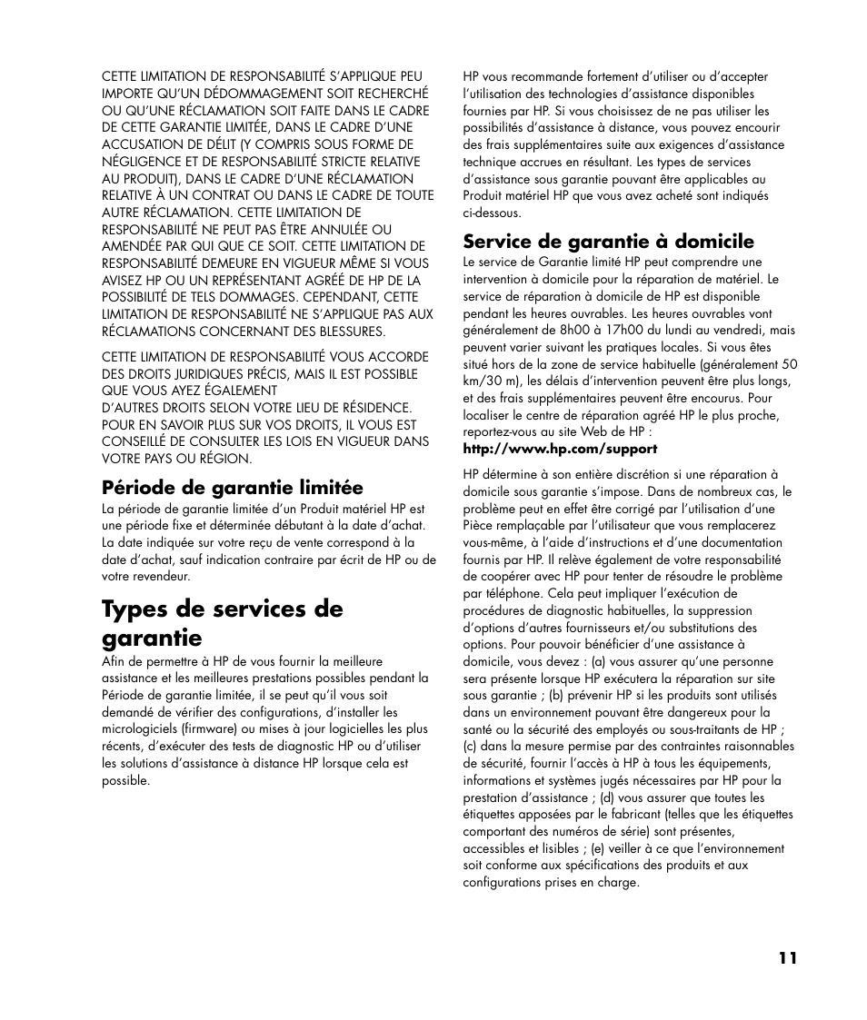 Types de services de garantie, Période de garantie limitée, Service de garantie à domicile | HP Pavilion SLC3200N User Manual | Page 11 / 20