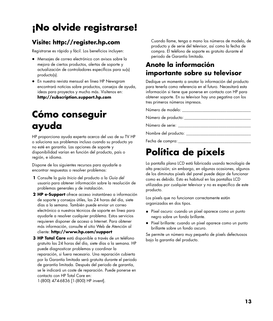 No olvide registrarse, Cómo conseguir ayuda, Política de píxels | HP Pavilion SLC3200N User Manual | Page 13 / 20