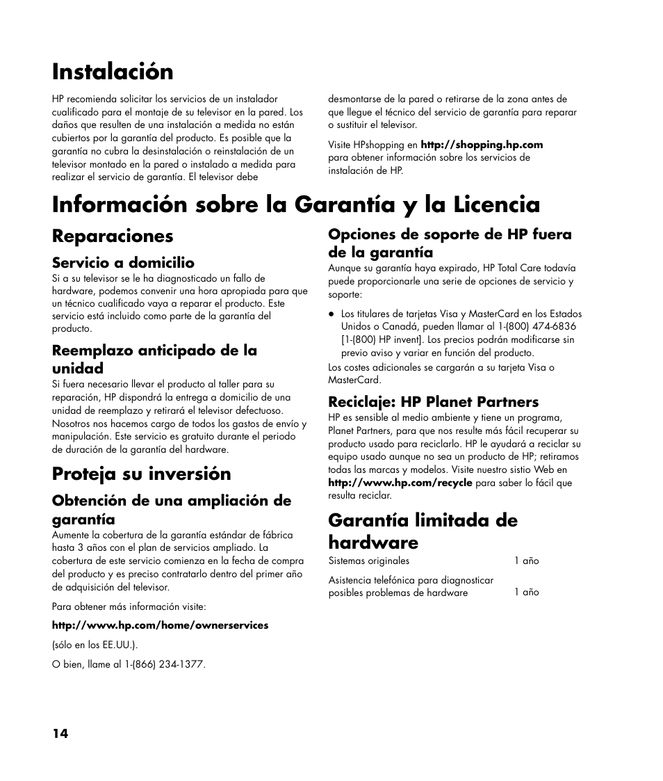 Instalación, Información sobre la garantía y la licencia, Reparaciones | Proteja su inversión, Garantía limitada de hardware | HP Pavilion SLC3200N User Manual | Page 14 / 20