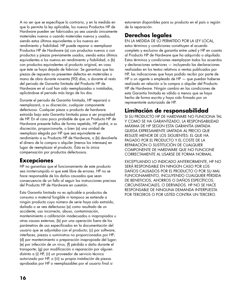 Excepciones, Derechos legales, Limitación de responsabilidad | HP Pavilion SLC3200N User Manual | Page 16 / 20