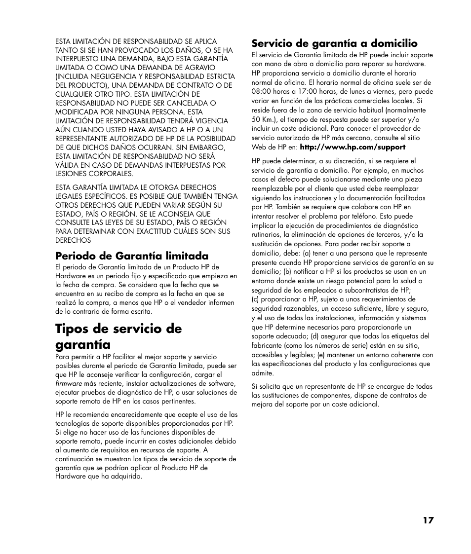 Tipos de servicio de garantía, Periodo de garantía limitada, Servicio de garantía a domicilio | HP Pavilion SLC3200N User Manual | Page 17 / 20