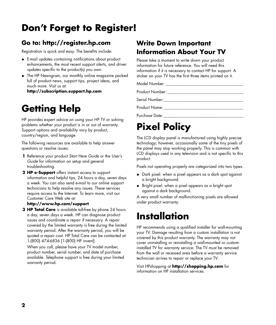 Don’t forget to register, Getting help, Pixel policy | Installation, Write down important information about your tv | HP Pavilion SLC3200N User Manual | Page 2 / 20