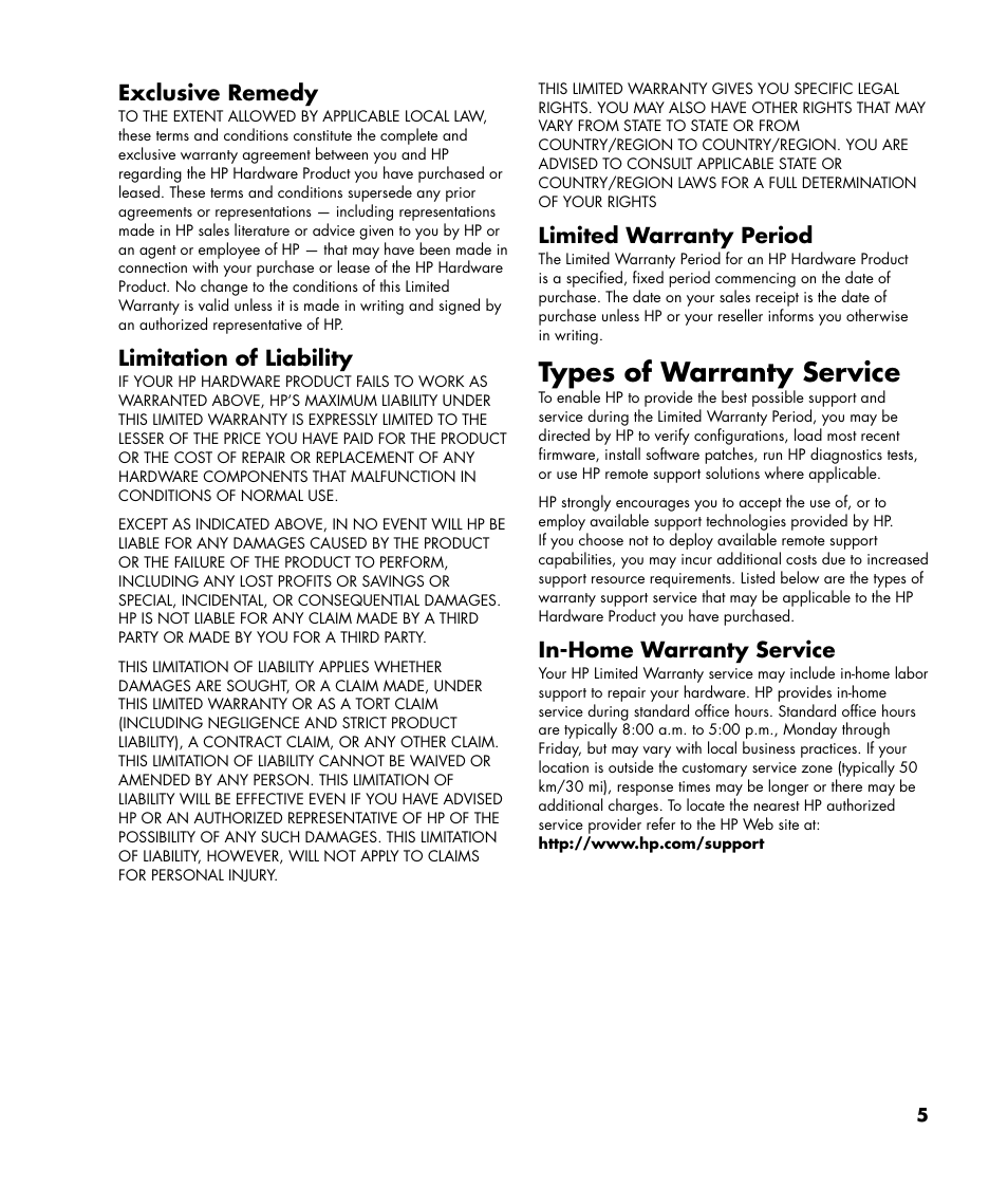 Types of warranty service, Exclusive remedy, Limitation of liability | Limited warranty period, In-home warranty service | HP Pavilion SLC3200N User Manual | Page 5 / 20