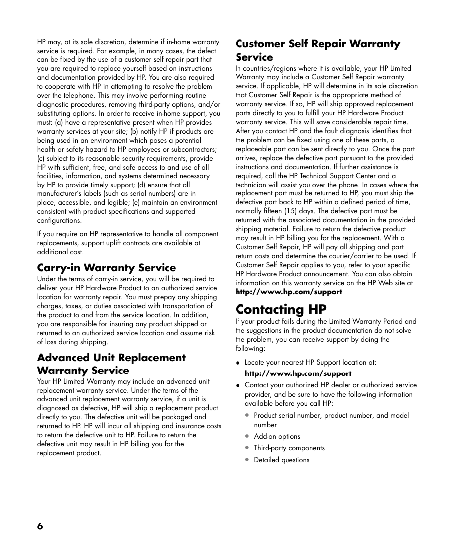 Contacting hp, Carry-in warranty service, Advanced unit replacement warranty service | Customer self repair warranty service | HP Pavilion SLC3200N User Manual | Page 6 / 20