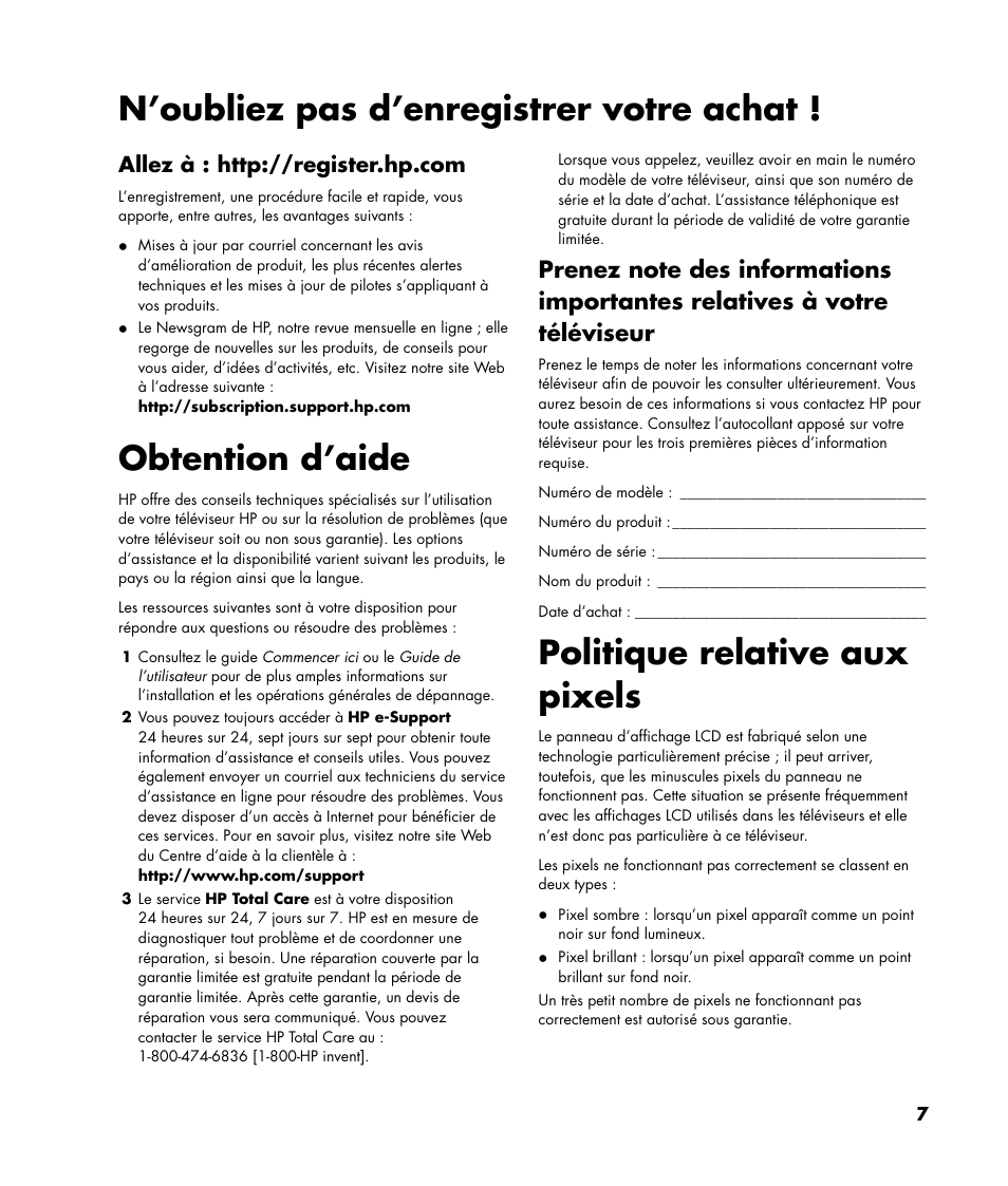 N’oubliez pas d’enregistrer votre achat, Obtention d’aide, Politique relative aux pixels | HP Pavilion SLC3200N User Manual | Page 7 / 20