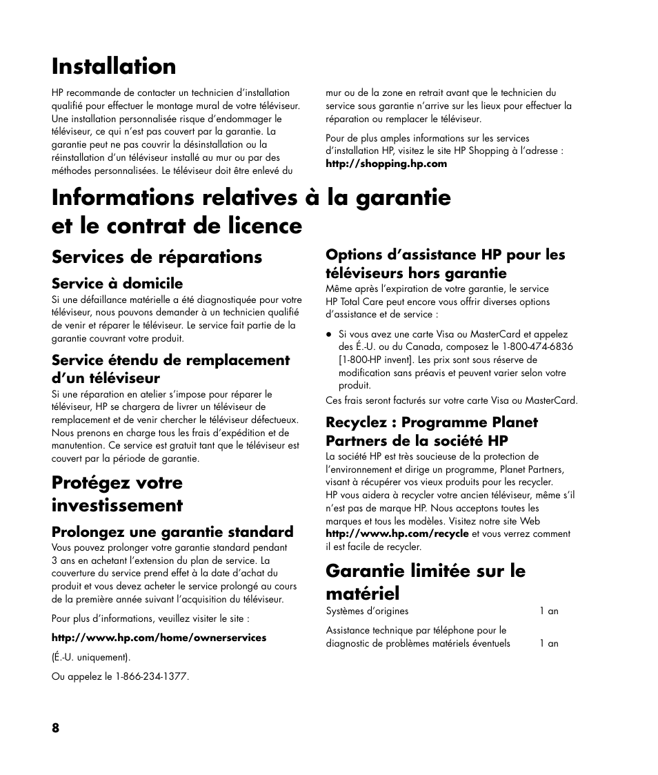 Installation, Services de réparations, Protégez votre investissement | Garantie limitée sur le matériel | HP Pavilion SLC3200N User Manual | Page 8 / 20