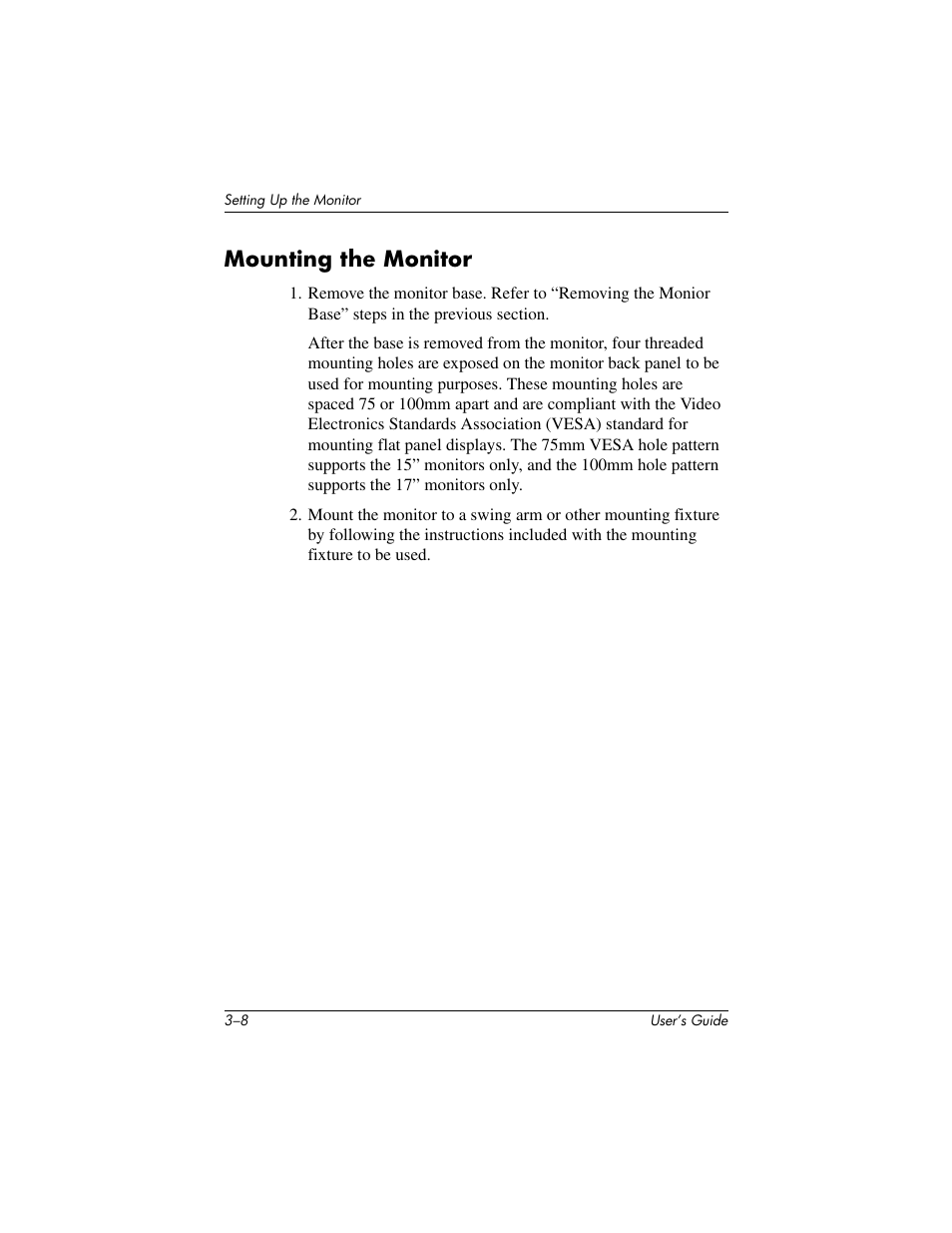 Mounting the monitor | HP vf17 User Manual | Page 19 / 45