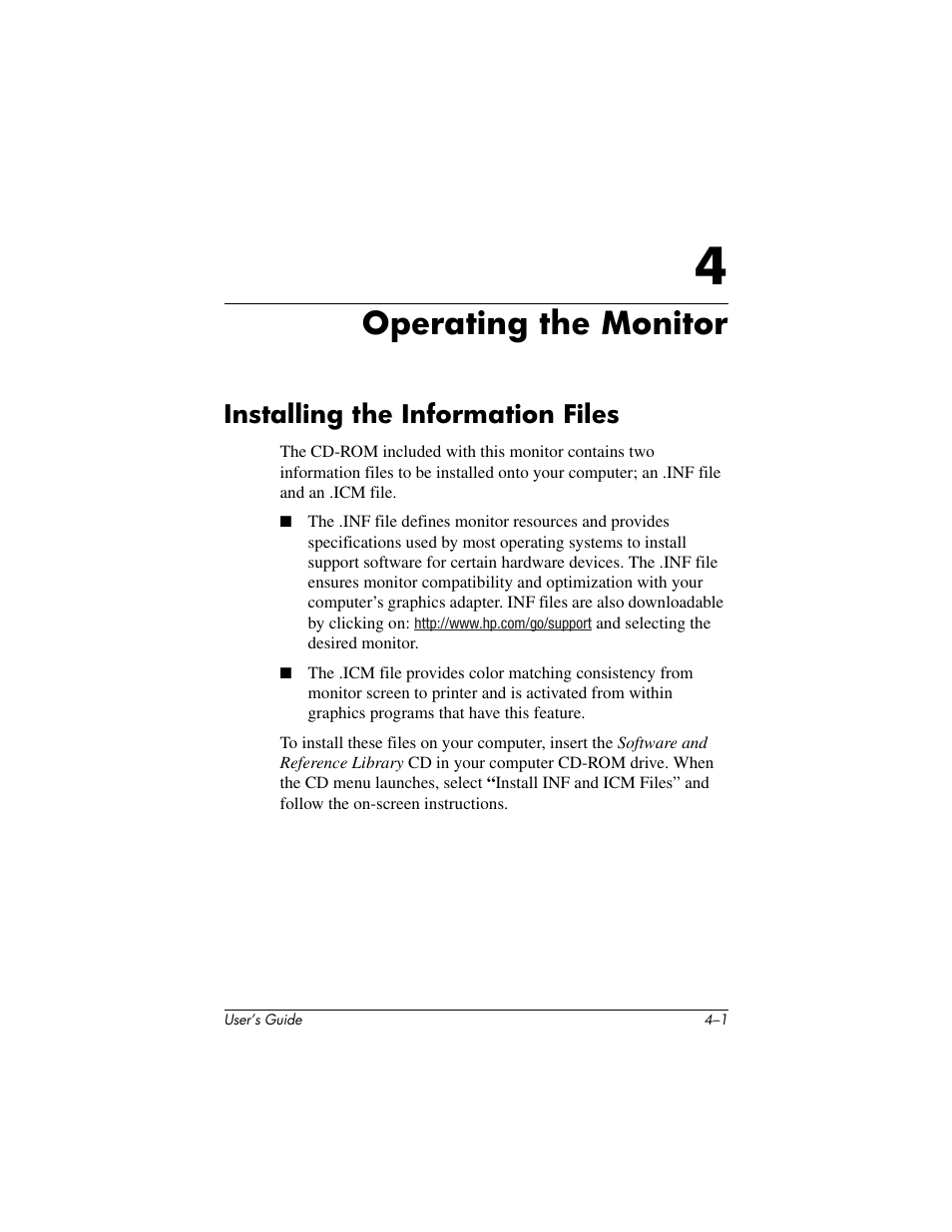 Operating the monitor, Installing the information files | HP vf17 User Manual | Page 20 / 45