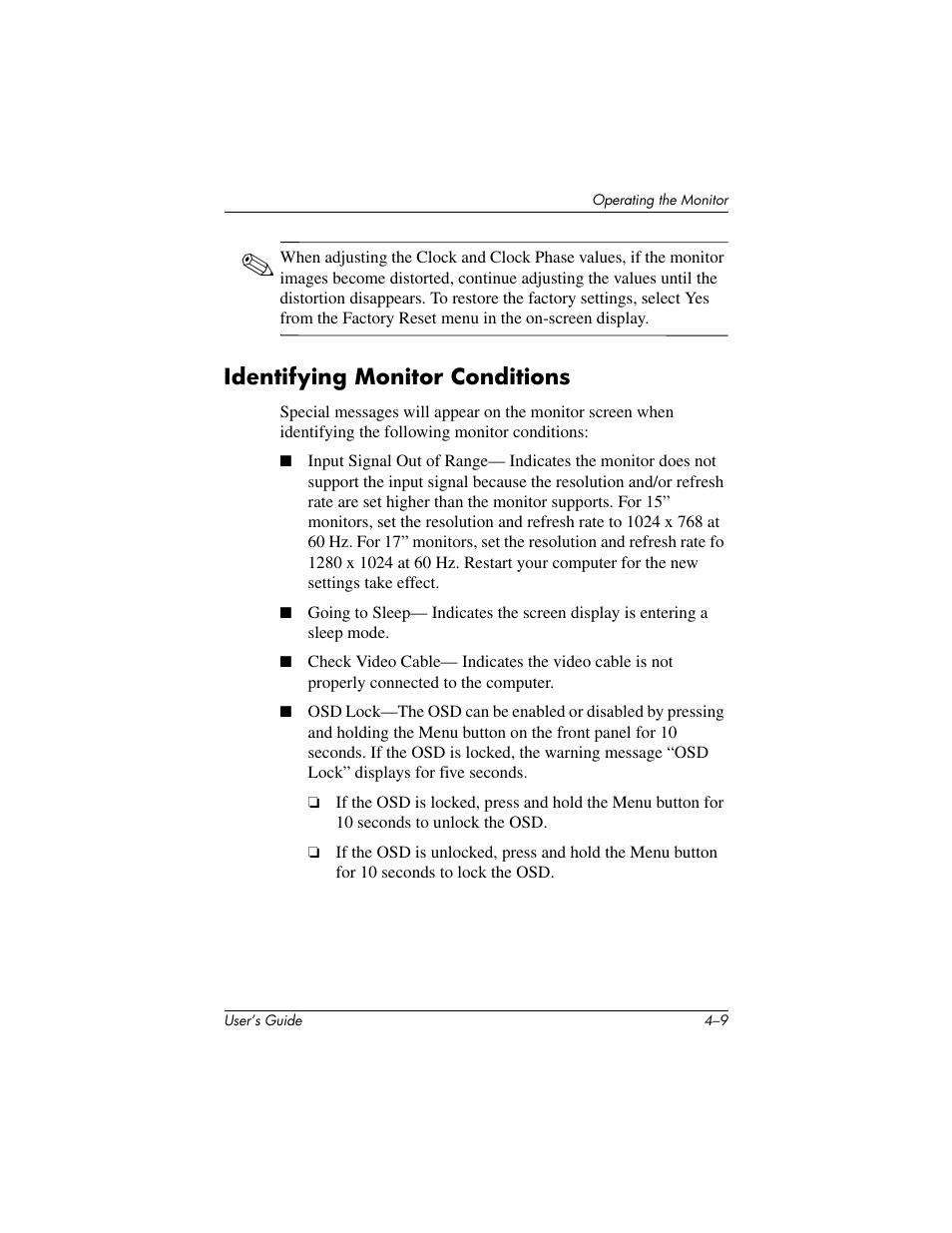 Identifying monitor conditions | HP vf17 User Manual | Page 28 / 45